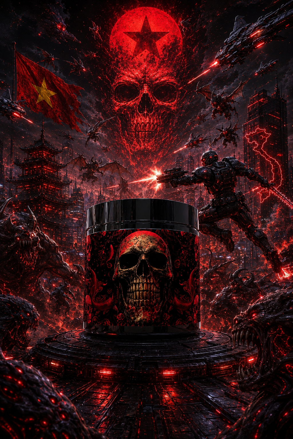 A dark, highly stylized scene centered on a cylindrical container with a skull graphic and red glowing details. The background is a chaotic, fiery red-and-black fantasy landscape with a large skull, a star, a flag, a humanoid figure, and monstrous elements.